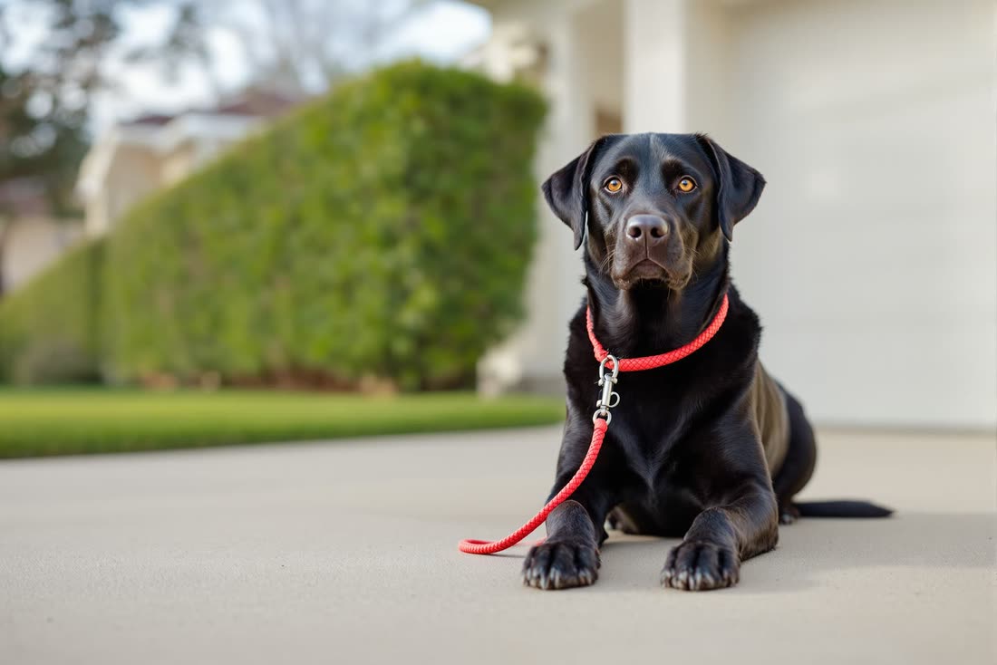 A black Labrador in a red rope leash waiting on a pale suburban driveway in morning light.