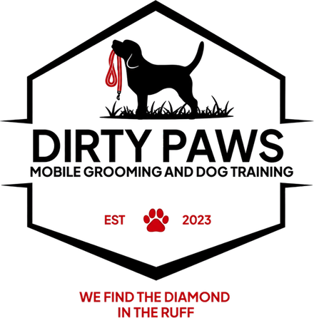 Dirty Paws LLC badge: a dog holding a red leash, mobile grooming and dog training, established 2023, we find the diamond in the ruff.